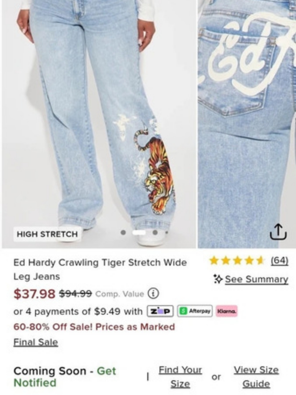 Ed Hardy Crawling Tiger Stretch Wide Leg Jeans Blue Waist 28
